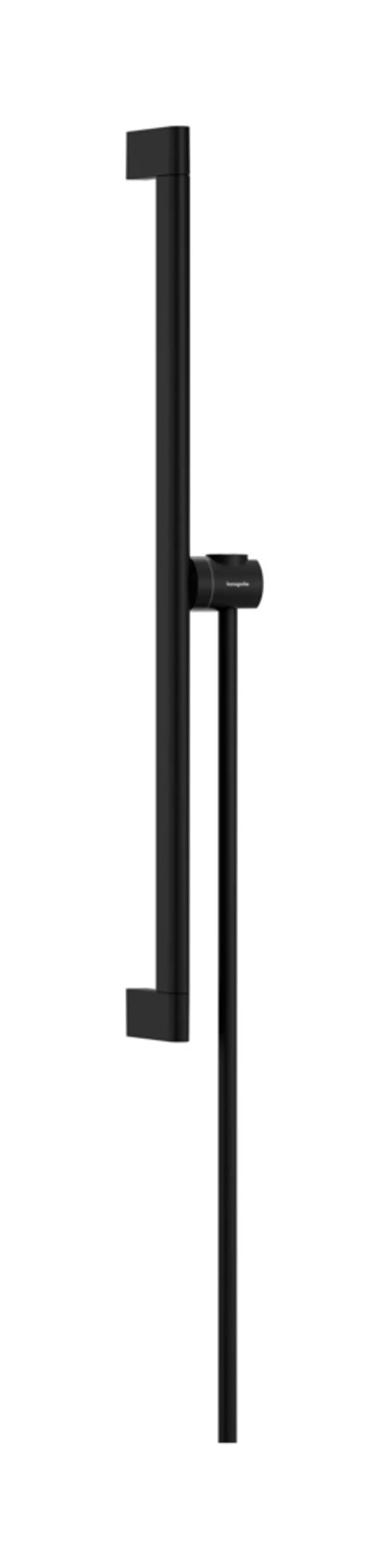 Schwarze Brausestange mit geradem Design und Halter für Handbrause, montiert an einem stabilen Metallrohr. Produkt von Hansgrohe, geeignet für moderne Badezimmer.
